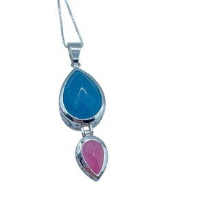 Sterling Silver Blue Pink Chalcedony Pendant Necklace Designer Signed Hinged